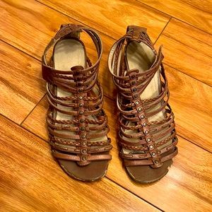 Strappy Brown Sandals with Small Wedge Heel